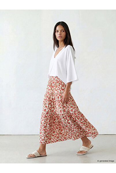 LC Waikiki Lcw Modest Red Floral Layered Skirt with Elastic Waist