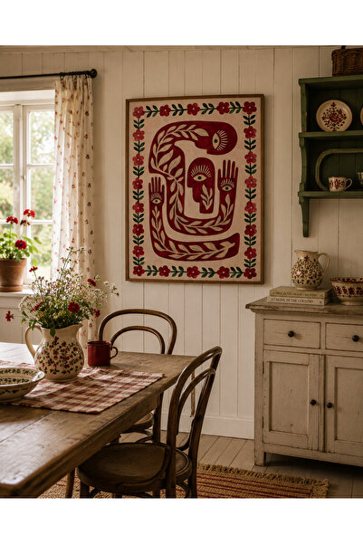 Boho wellness studio – Folk Symbols Ahşap Çerçeveli Duvar Tablosu | Kırmızı F...