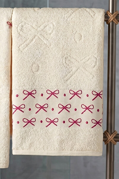 My Catherine Set of 4 Embroidered Bordered Hand and Face Towels |   50X90 cm |   100% Cotton, High Absorbency, Soft Textured Towel Set