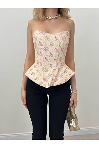 LOKADI Kadın Çiçek Desenli Straplez Korse Büstiyer Sırtı Bağlamalı Peplum Bluz