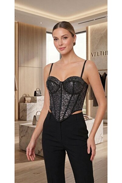 miss hana secret Payetli balenli sırttan ayarlanabilir çıtçıtlı korse büstiyer
