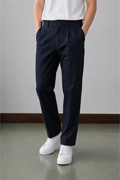 Danger Men's Comfortable Fit Old Money Pleated Cotton Trousers Navy Blue 6001...