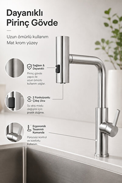 Flextail 3 Fonksiyonlu Spiralli Mutfak Evye Bataryası Mat Krom Çekilebilir Başlıklı Şelale Akışlı Batarya