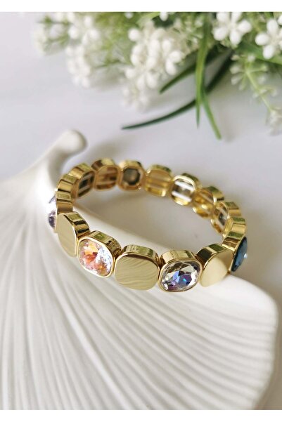 Halley Concept Colorful crystal stone gold steel elastic bracelet