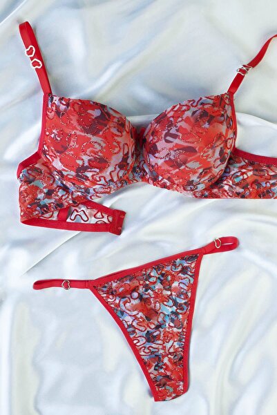 DNR İç Giyim Patterned Supportive Bra Set Red