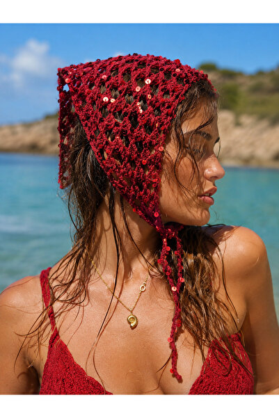 Luminos Butik Burgundy Sequined Tie-On Mesh Bandana Hsr2153