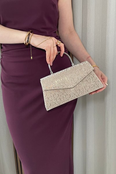 Fibag حقيبة سهرة نسائية ذهبية اللون مع إكسسوارات فضية - حقيبة يد وكتف بحزام سلسلة