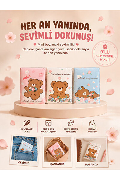 mammam always by your side Sevimli Ayıcık Desenli 9’lu Mini Peçete Taşınabili...