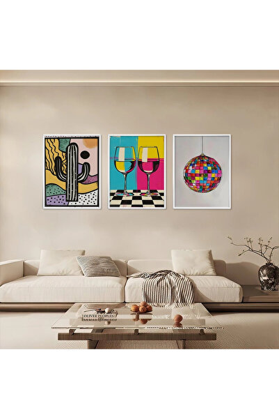 KOLAJTASARIM Cheerful Pop Art Trio Set of 3 Wooden Paintings with White Frame