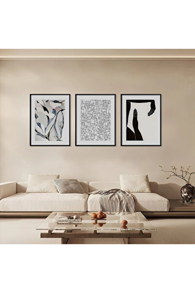 KOLAJTASARIM Set de 3 tablouri din lemn cu forme de linii abstracte minimalis...
