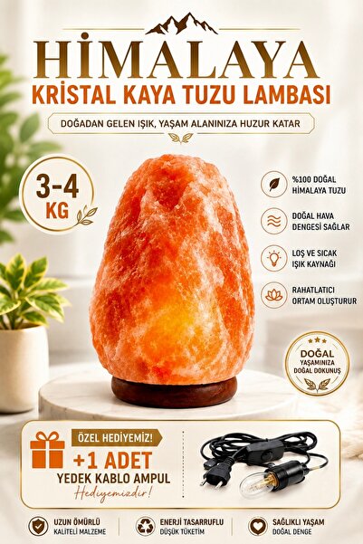 ANADOLU HASAT Himalaya Kristal Kaya Tuzu Lambası 3-4 Kg + Yedek Kablo ve Ampu...