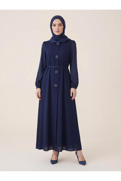 Beyza Ferace Sleeves Satin Belted Button Detail Crew Neck Long Sleeve Navy Bl...