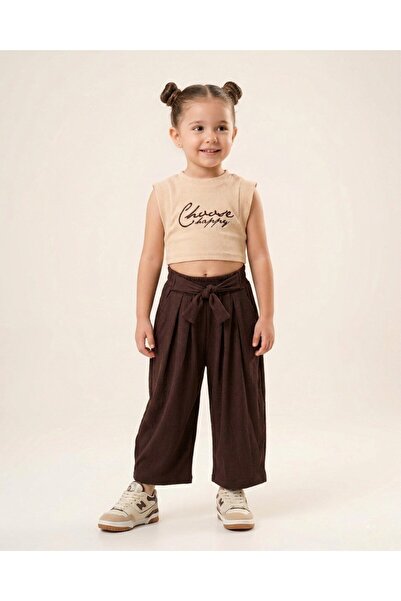 Ege Bebek Girl's Wrinkled Fabric, Summer Crop Blouse and Baggy Pants, 3-4-5-6...