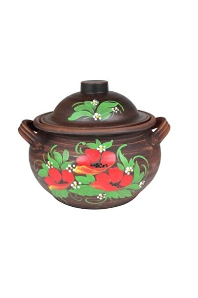 OEM Sarmale Pot, Red Clay, Hand-Painted with Poppy Flowers 3.5 l