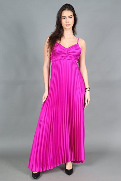New Collectıon Stacy Satin Pleated Maxi Dress with Cutout Back and Adjustable...