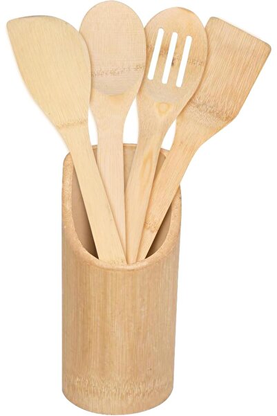 HOMEPRO Bamboo Wooden Spoons set, 5-piece wooden cooking spatulas & spoons with holder, natural teak wood kitchen utensils, non-scratch non-stick safe Kitchen Utensil Set Premium Quality
