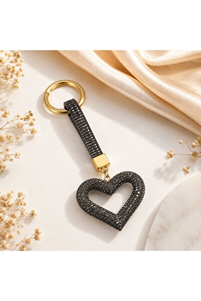 icha Black Stone Heart Keychain Gold Color Bag Ornament Women's Accessory Gift