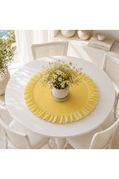 NURGİTA HOME Fırfırlı Fistolu Çiçekli Duck Keten Yuvarlak Masa Örtüsü & Dekor...