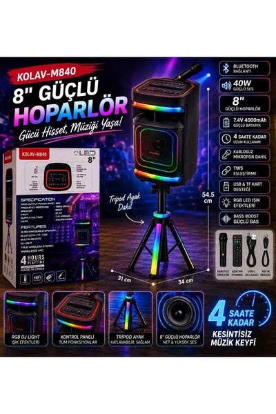 Koalav KOLAV-M840 8 İnç 1800W Bluetooth Karaoke Hoparlör RGB LED Işıklı Taşın...