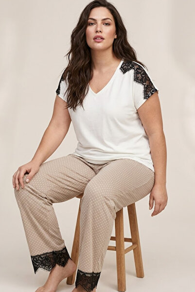 Siyah İnci Ecru Patterned Large Size Oversized Viscose Knitted Pajama Set