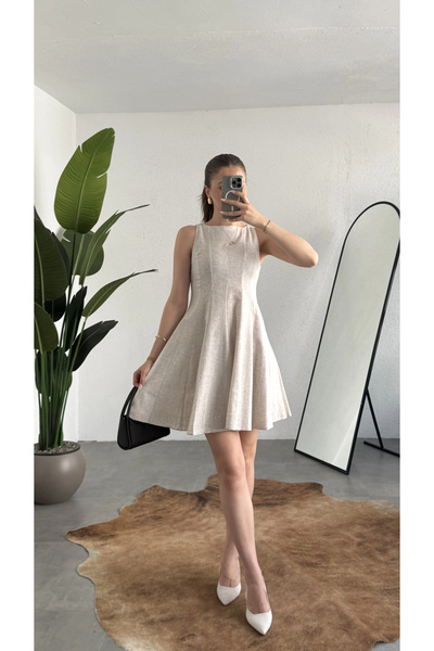 asfamoda Women's Beige Linen Look Sleeveless Mini Dress Crew Neck Fit & Flare...
