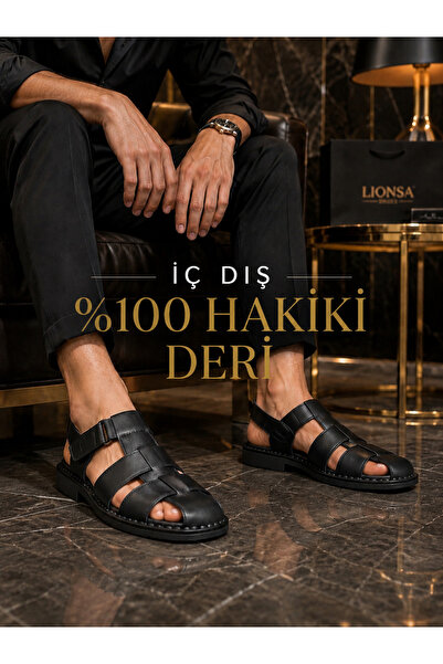 CookaShoes Cooka Shoes Erkek Siyah Hakiki Deri Cırt Cırtlı Günlük Sandalet