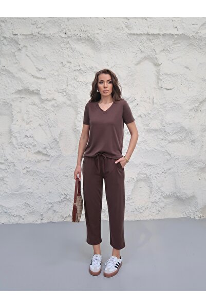 Paw Garage Set de pantaloni și tricou cu decolteu în V din țesătură modal Ave...
