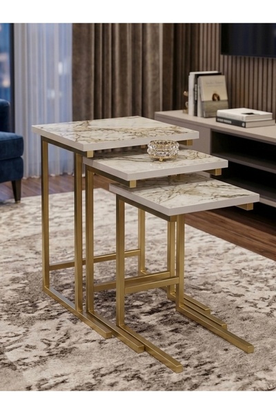 Home Gold Mermer Desen 3lü Zigon Sehpa