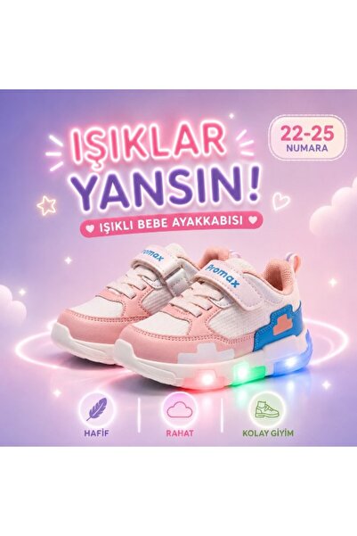 Promax KIZ ÇOCUK IŞIKLI CIRTLI BEBE SPOR AYAKKABISI 22-25 BEYAZ PEMBE