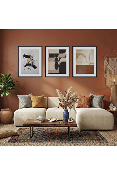 KOLAJTASARIM Set de 3 tablouri din lemn, cu rame negre, cu motive abstracte n...