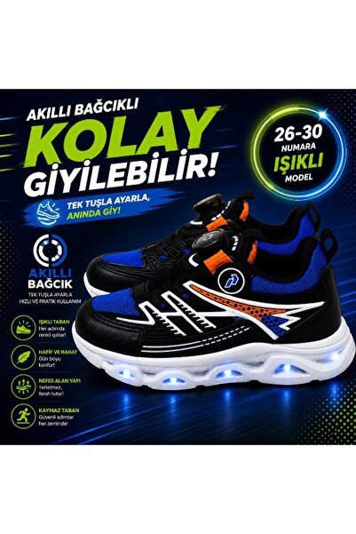 Promax AKILLI BAĞCIKLI IŞIKLI ÇOCUK SPOR AYAKKABI SİYAH-SAX 26-30 KOLAY GİYİL...