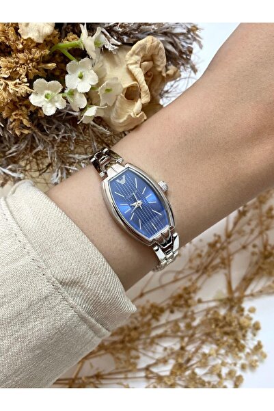 Mazzy Vintage Design Thin Light Cord Silver Navy Blue Dial Women Wrist Watch
