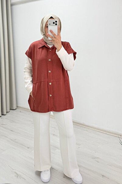 T Moda Store My Magazin Denim Fabric Comfortable Fit Snap Button Pocketed Vest