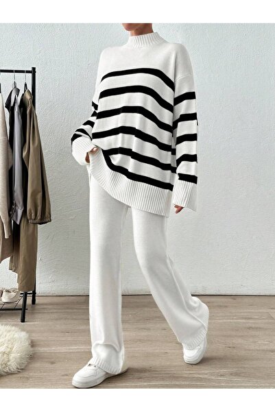Iuliashop Knitted Tracksuit with Oluva White Pants with Black Stripes - L