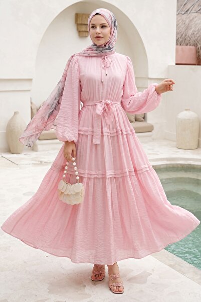 InStyle Crinkled Pattern Lace-Up Pink Dress
