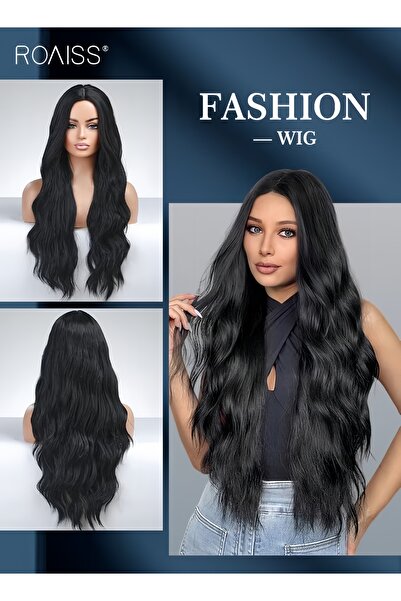 ROAISS Long Wavy Black Wig Middle Part Natural Soft Synthetic Heat Resistant ...
