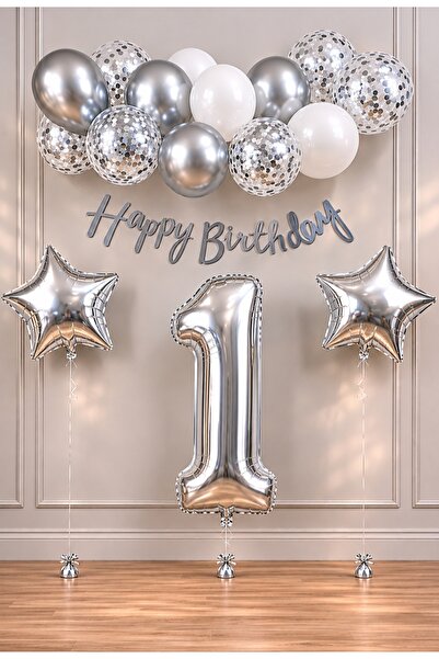 SİNDA Happy Birthday Gümüş -Doğum Günü Partisi Seti - Yaş Günü Konsepti - Rak...