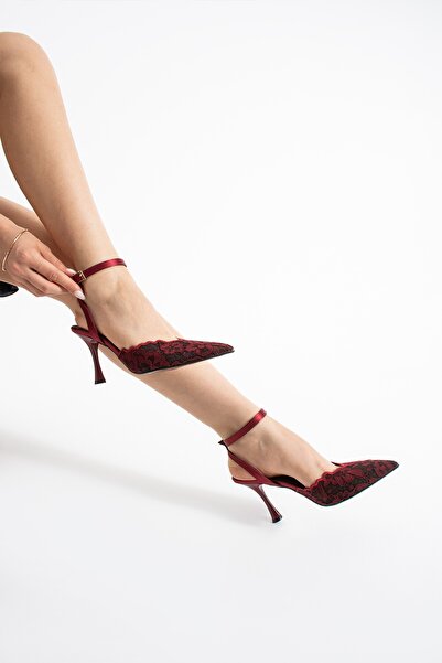 MissPapatya Larsson Women's Burgundy Lace Embroidered Pointed Toe Ankle Strap...