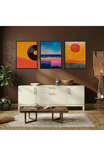 KOLAJTASARIM Ritme retro și apus de soare abstract, set de 3 tablouri din lem...