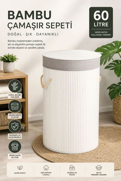 Funny Life Bambu Beyaz Katlanır Çamaşır Sepeti 60 LT Kapaklı Kirli Çamaşır Se...