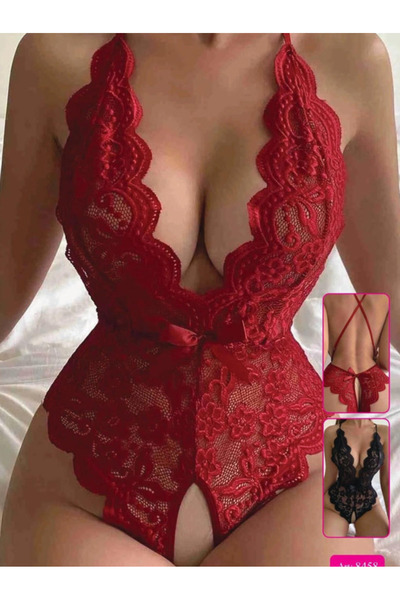 Kadın Dantel Bodysuit Gecelik Sırt Dekolteli Esnek Kumaş