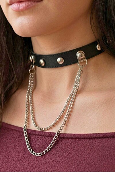 Corvus kolye&bileklik Black Leather Collar with Chain and Round Stud Detail