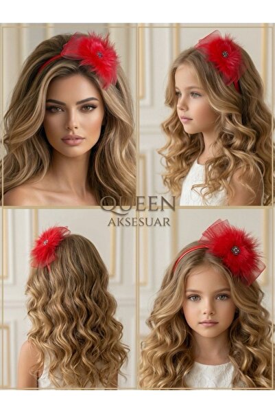 QUEEN AKSESUAR Layered Tulle Bow Plush Feathered Stone Crown Women's Children...