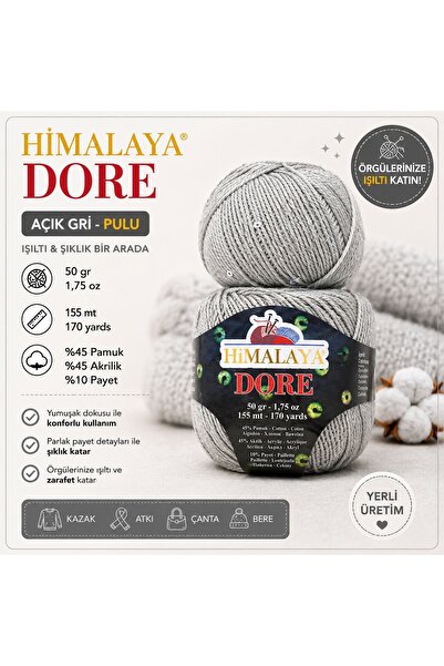 Himalaya Dore El Örgü İpi Açık Gri Pulu %45 Pamuk 50 gr - Işıltılı Örgü İpliği