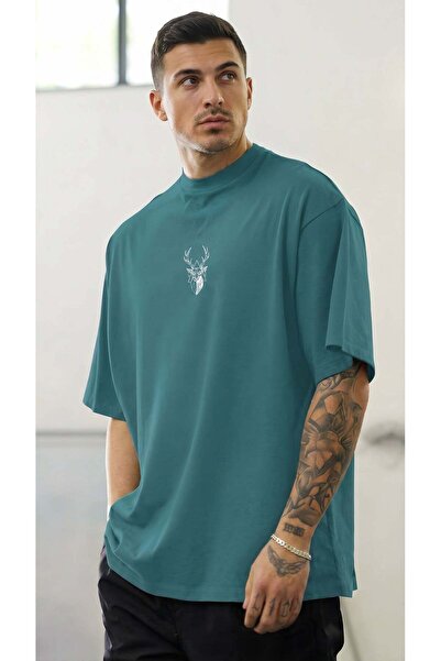 VACHT Men's oversized relaxed fit t-shirt - deer print - petrol green
