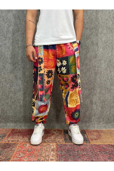 FıttingRoom Elastic Waist Belted Patterned Trousers