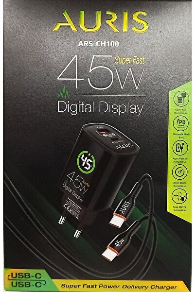 GM AURIS ARS-CH100 45W Dijital Ekranlı Süper Hızlı Turbo Şarj USB-C TYPE-C