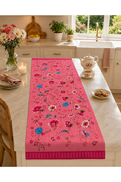 Karam Home Pembe Çiçek Desenli Masa Runnerı 140x50 cm Dekoratif Dijital Baskı...
