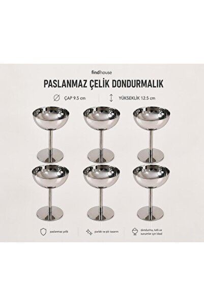 findhouse Yeni Nesil Ayaklı 6lı Kaliteli Paslanmaz Çelik Çerez Dondurma Kases...