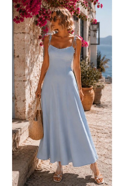 ibeeka - Φόρεμα Amalfi Dream Baby Blue με ελαφριά γραμμή καμπάνα και μήκος midi